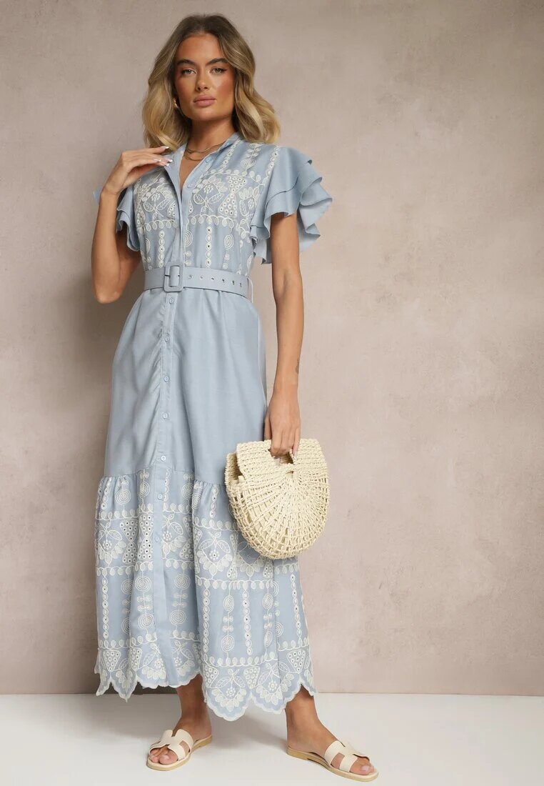 allyson Rochie Cloche Albastră în stil Boho cu curea decorată cu broderie și volane Vallsara
