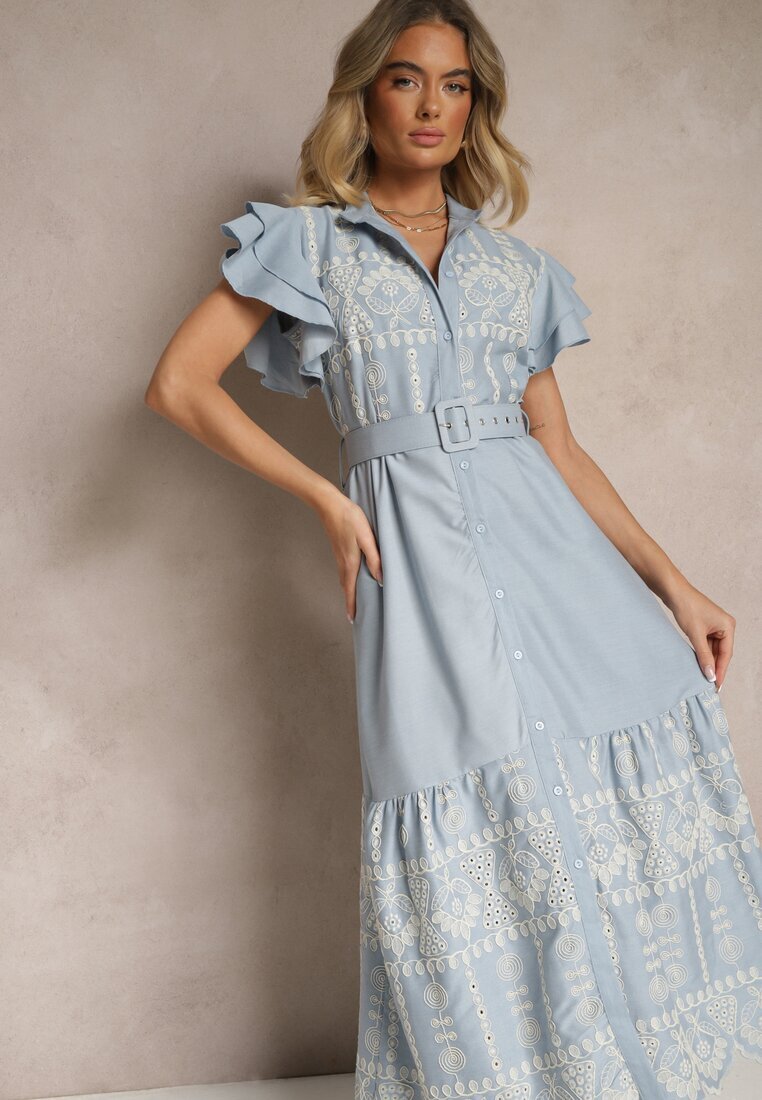 allyson Rochie Cloche Albastră în stil Boho cu curea decorată cu broderie și volane Vallsara