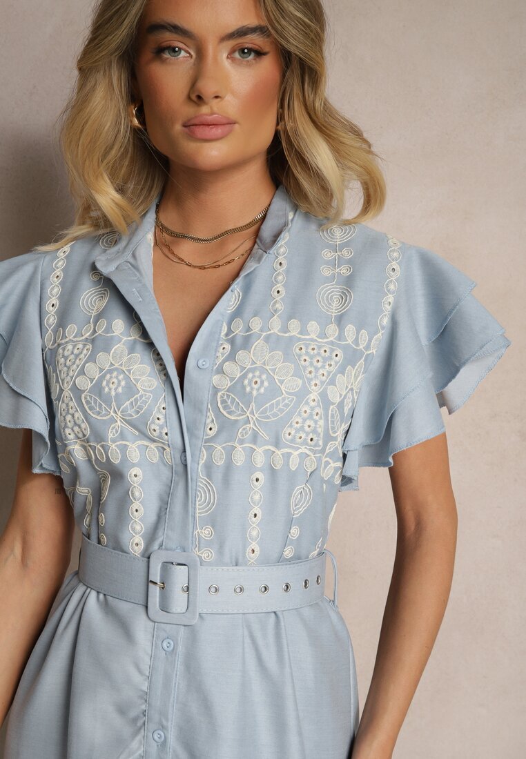 allyson Rochie Cloche Albastră în stil Boho cu curea decorată cu broderie și volane Vallsara