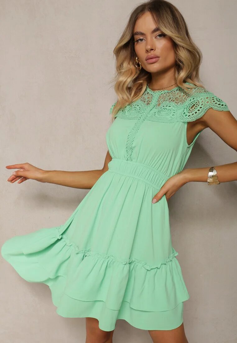 allyson Rochie Cloș Verde Midi cu elastic în talie și decolteu din dantelă Panita