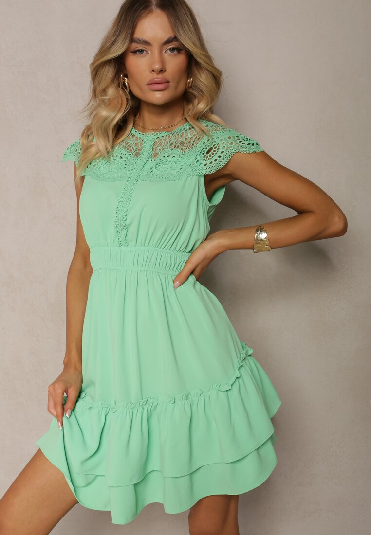 allyson Rochie Cloș Verde Midi cu elastic în talie și decolteu din dantelă Panita