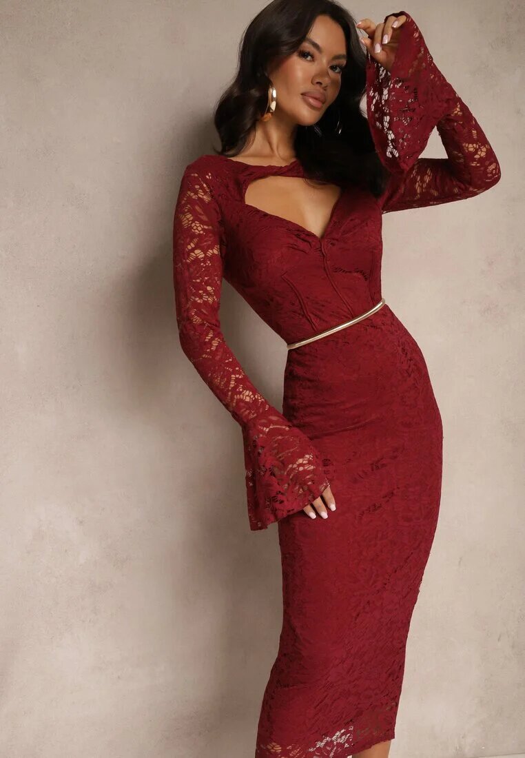 allyson Rochie Dantelată Bordo cu croială mulată și mâneci evazate Seliriel