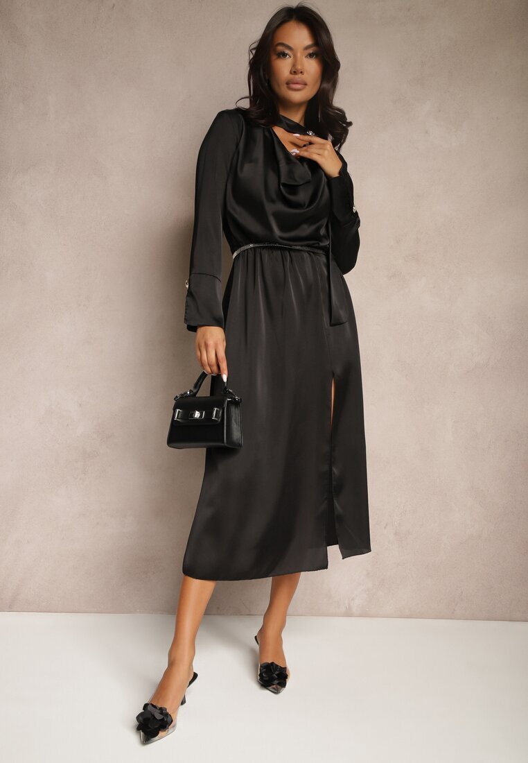 allyson Rochie de cocktail Neagră cu Buton decorativ din satin Leaneris