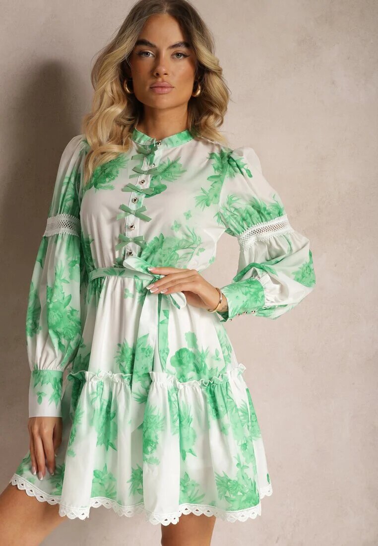 allyson Rochie Mini Verde Evazată cu elastic în talie și fundițe Leenona