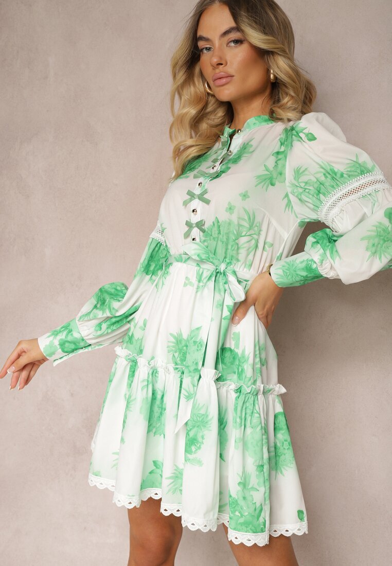 allyson Rochie Mini Verde Evazată cu elastic în talie și fundițe Leenona