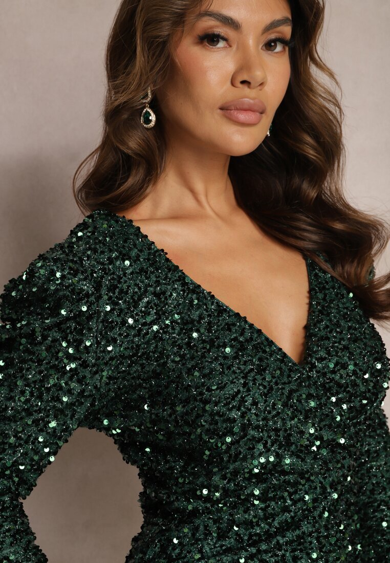 allyson Rochie mini verde închis cu paiete cu decolteu petrecut Elegaia