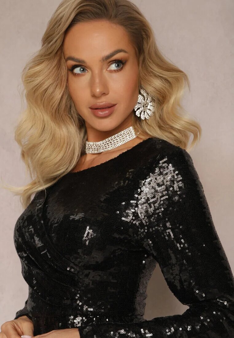 allyson Rochie mulată neagră cu tiv asimetric cu strasuri și curea Aritara