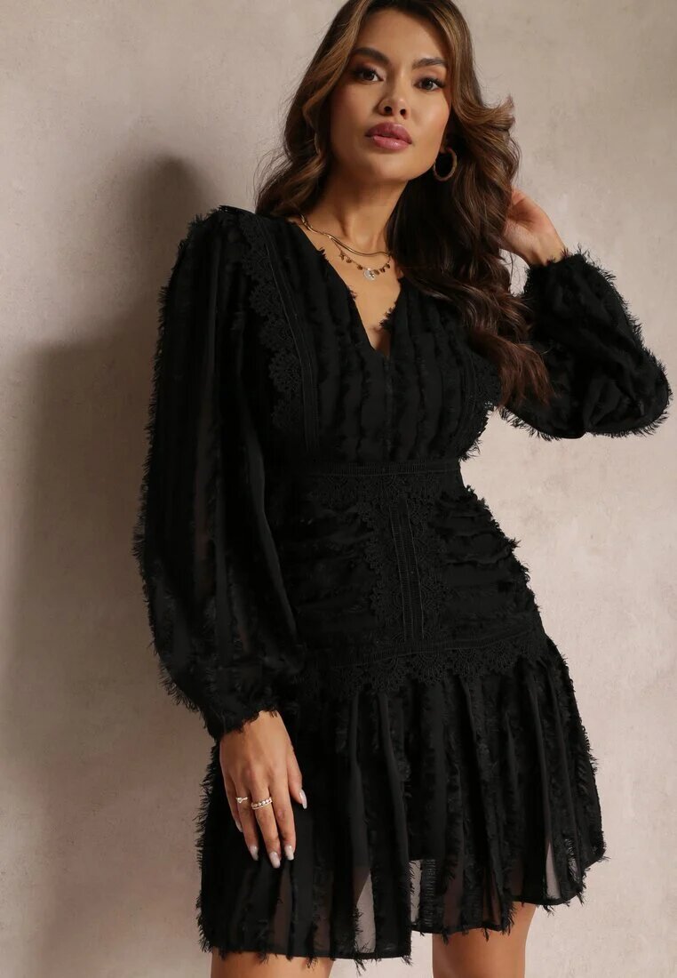 allyson Rochie Neagră Cloș cu Franjuri și Dantelă Avela