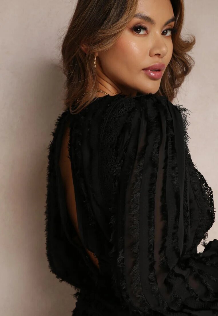 allyson Rochie Neagră Cloș cu Franjuri și Dantelă Avela