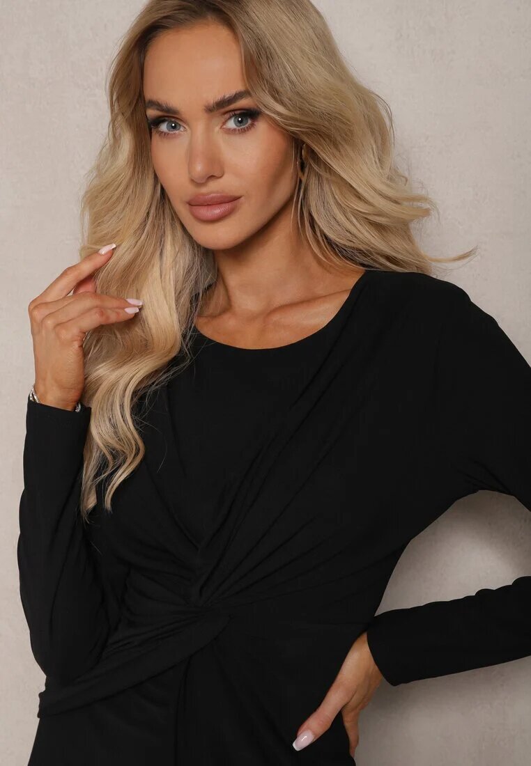 allyson Rochie Neagră cu croială asimetrică cu drapaj și nod în talie Bellis