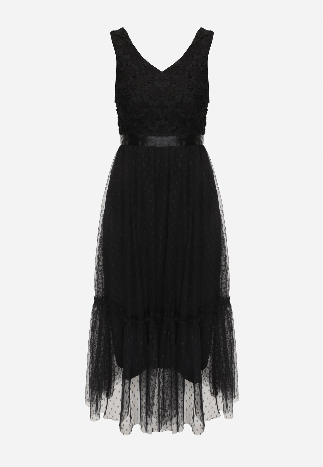 allyson Rochie negră taliată midi cu plasă decorativă Celerise