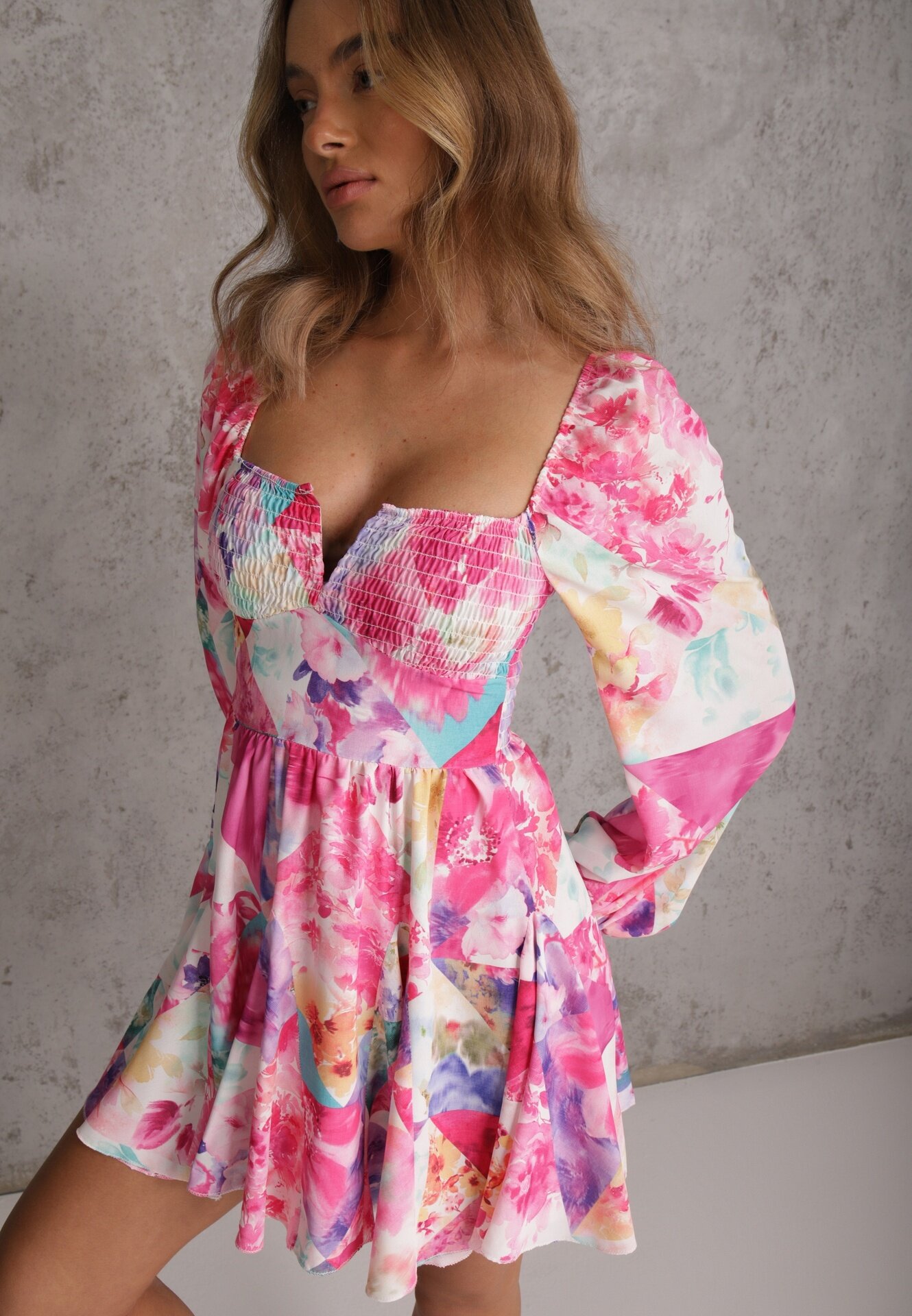 allyson Rochie Roz Cloș Florală cu Decolteu Pătrat Averla