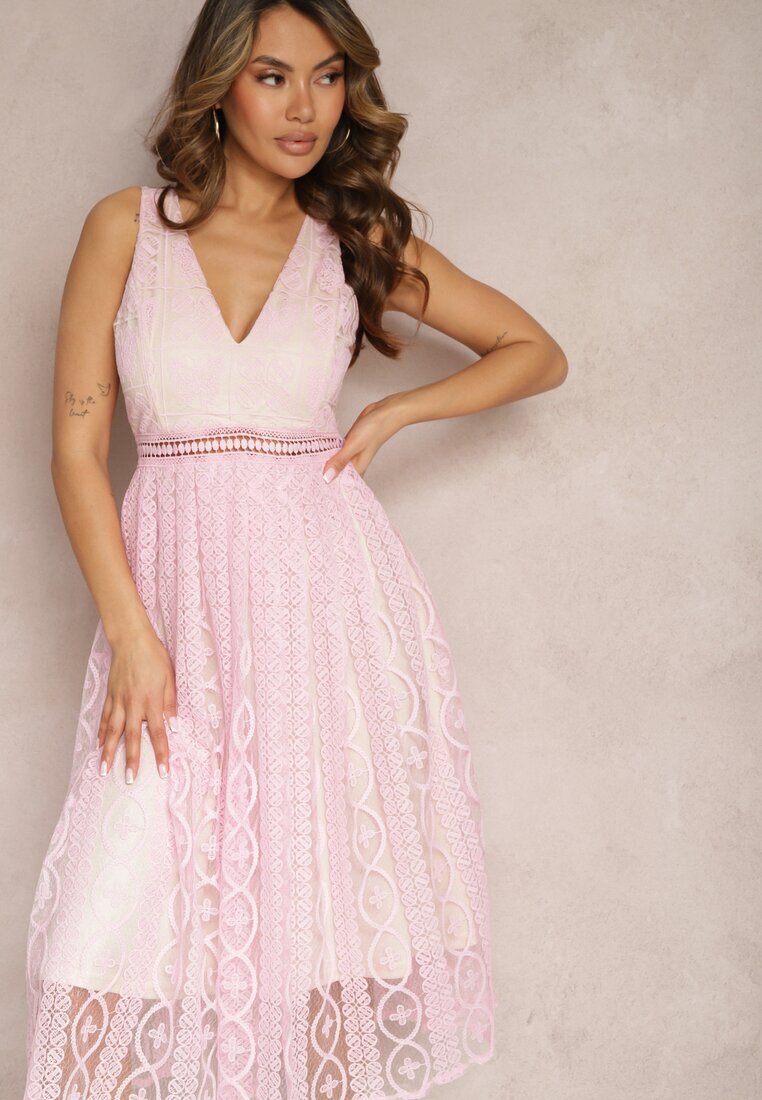 allyson Rochie Roz Plisată cu Bretele cu Model Decorativ și Fermoar Mirilla