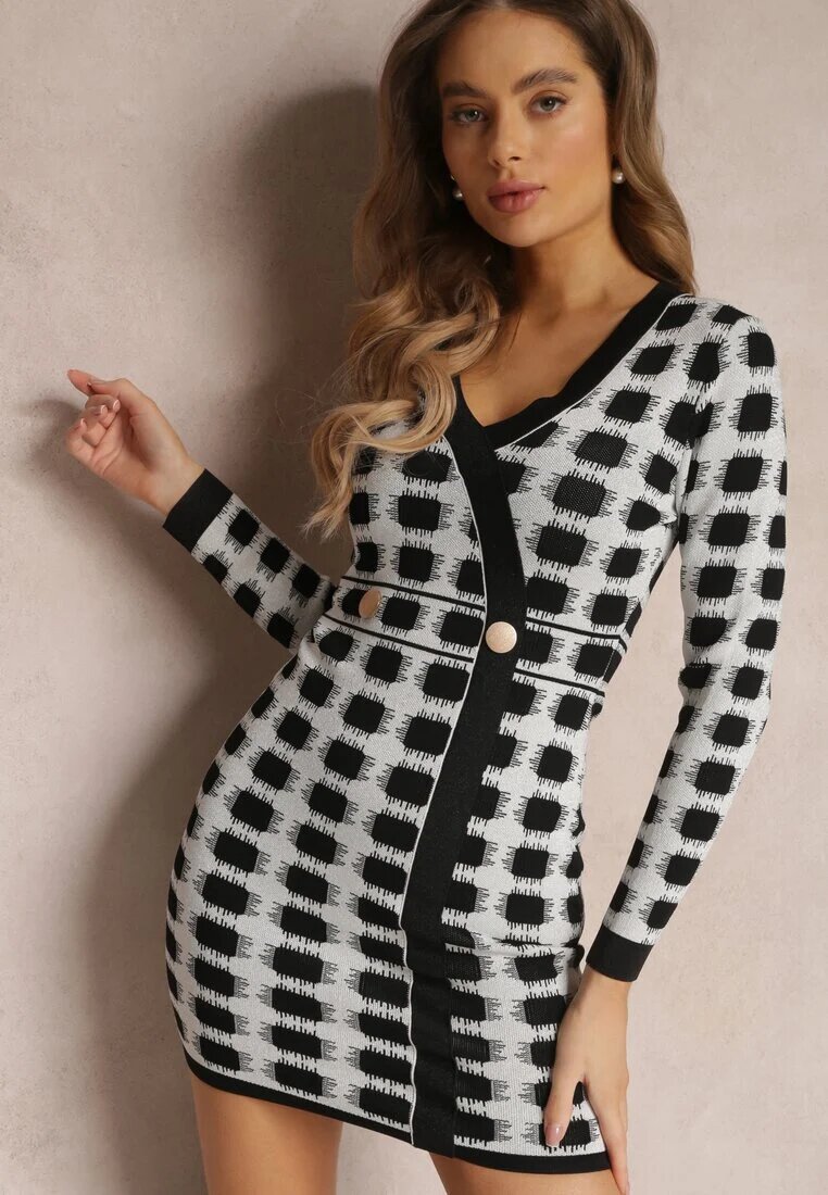 allyson Rochie tricotată gri deschis cu model geometric cu fir metalic Enoto