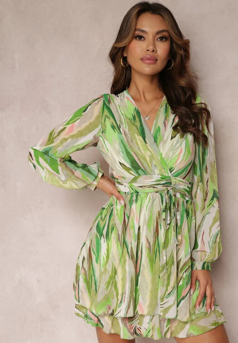allyson Rochie Verde petrecută Breyera Mini cu cordon decorativ și mânecă lungă