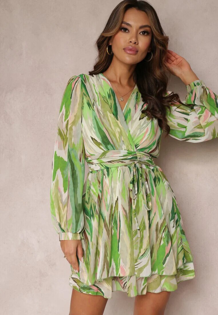 allyson Rochie Verde petrecută Breyera Mini cu cordon decorativ și mânecă lungă