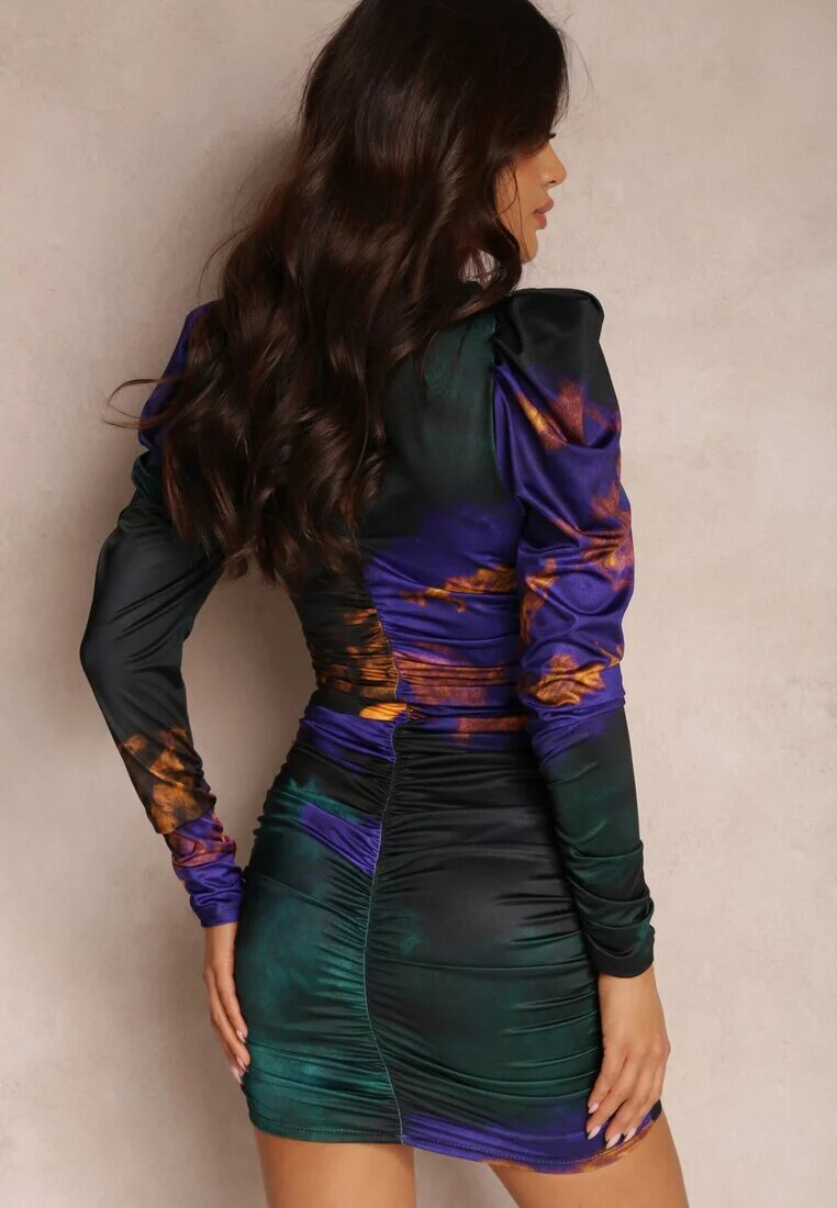 allyson Rochie Verde-Violet Tie-Dye cu Mânecă Bufantă Arona