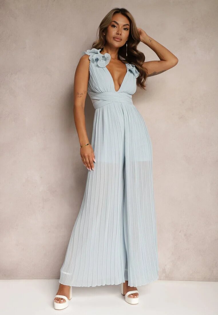 allyson Salopetă albastră cambrată de cocktail cu pantaloni largi decorată cu volane Gealfrea