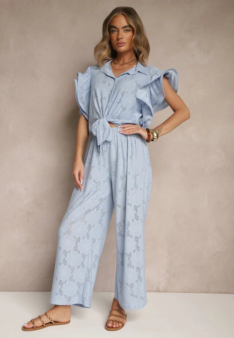 allyson Set Albastru Ajurat Bluză cu Croi de Cămașă și Pantaloni cu Picior Larg Linaniria