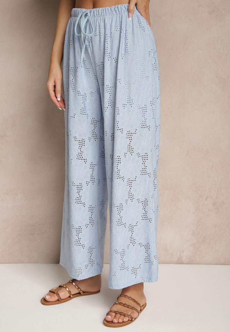 allyson Set Albastru Ajurat Bluză cu Croi de Cămașă și Pantaloni cu Picior Larg Linaniria