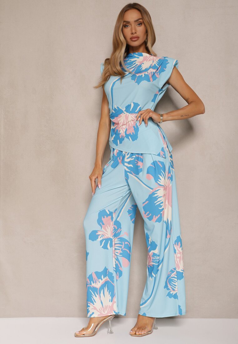 allyson Set Albastru Bluză încrețită cu Croială Asimetrică și Pantaloni Largi cu Flori Linidia