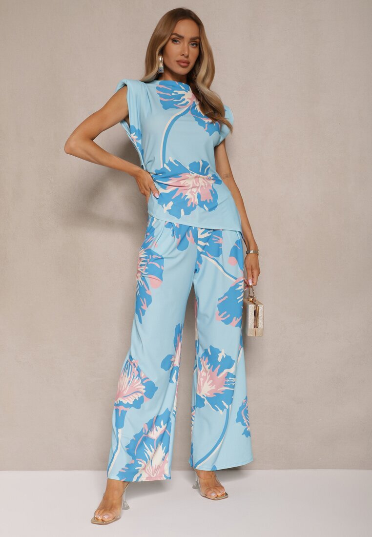 allyson Set Albastru Bluză încrețită cu Croială Asimetrică și Pantaloni Largi cu Flori Linidia