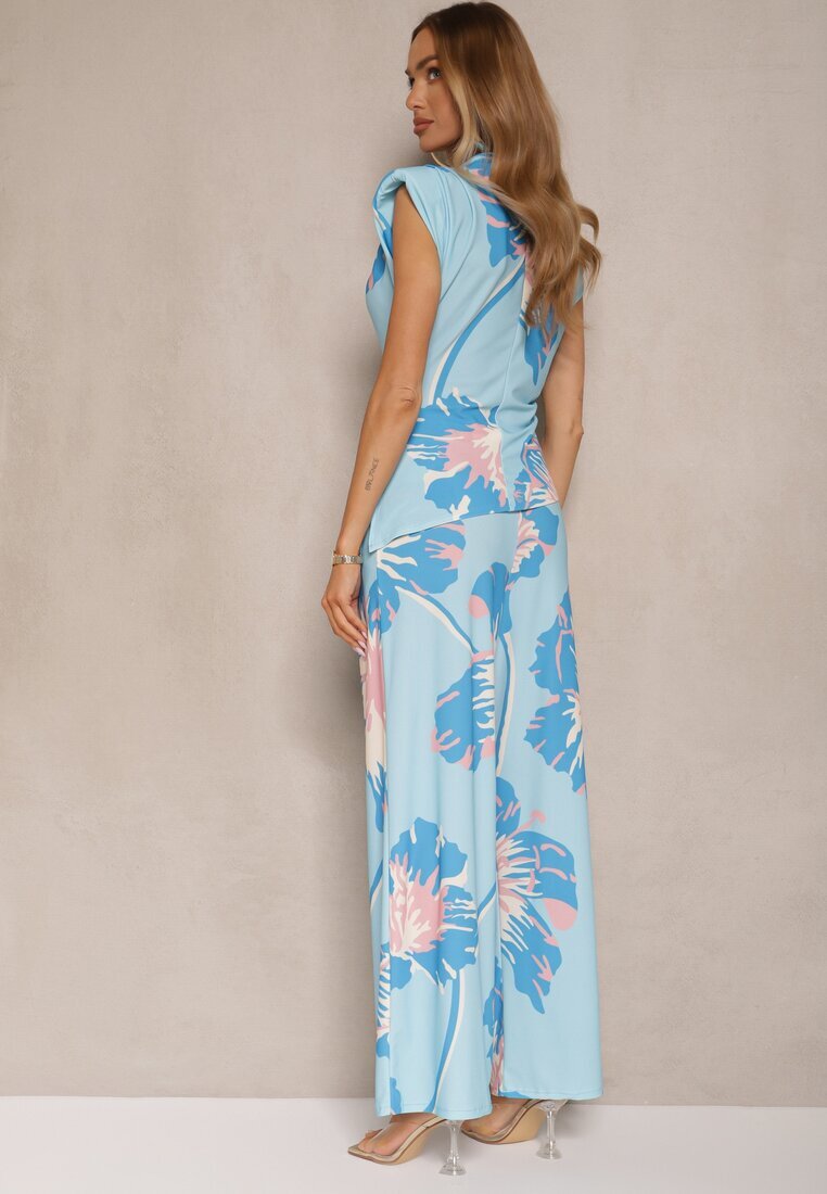 allyson Set Albastru Bluză încrețită cu Croială Asimetrică și Pantaloni Largi cu Flori Linidia