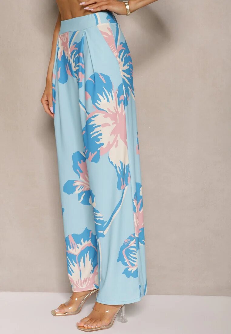 allyson Set Albastru Bluză încrețită cu Croială Asimetrică și Pantaloni Largi cu Flori Linidia