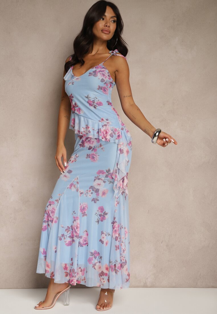allyson Set Albastru cu Model Floral Fustă și Top Decorat cu Volane și cu Legătură Saraveira