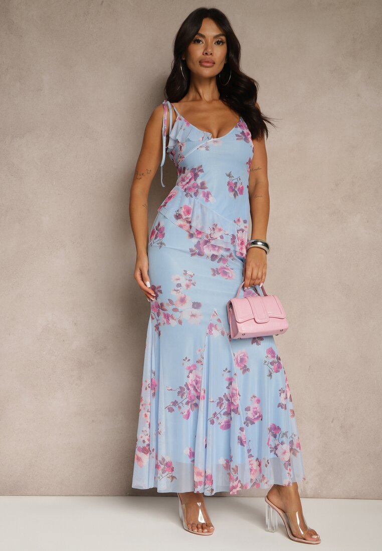 allyson Set Albastru cu Model Floral Fustă și Top Decorat cu Volane și cu Legătură Saraveira