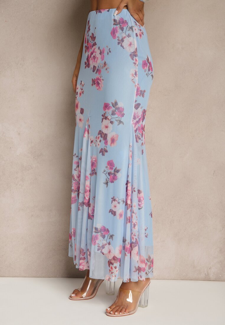 allyson Set Albastru cu Model Floral Fustă și Top Decorat cu Volane și cu Legătură Saraveira