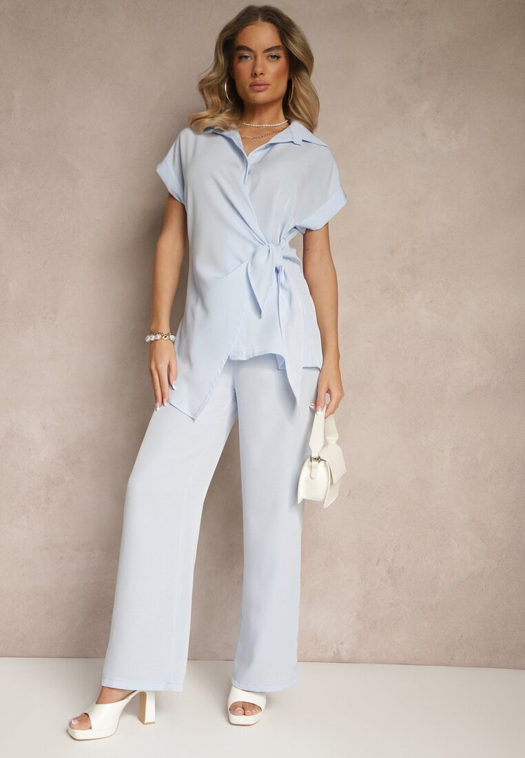 allyson Set Albastru cu Pantaloni cu croi larg și Cămașă cu Legătură Decorativă Filaniella