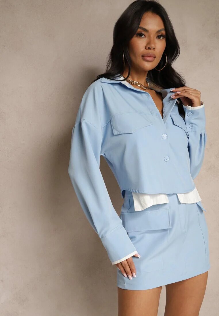 allyson Set Albastru Fustă și Cămașă Decorate cu Imitație de Buzunare Grelsedi