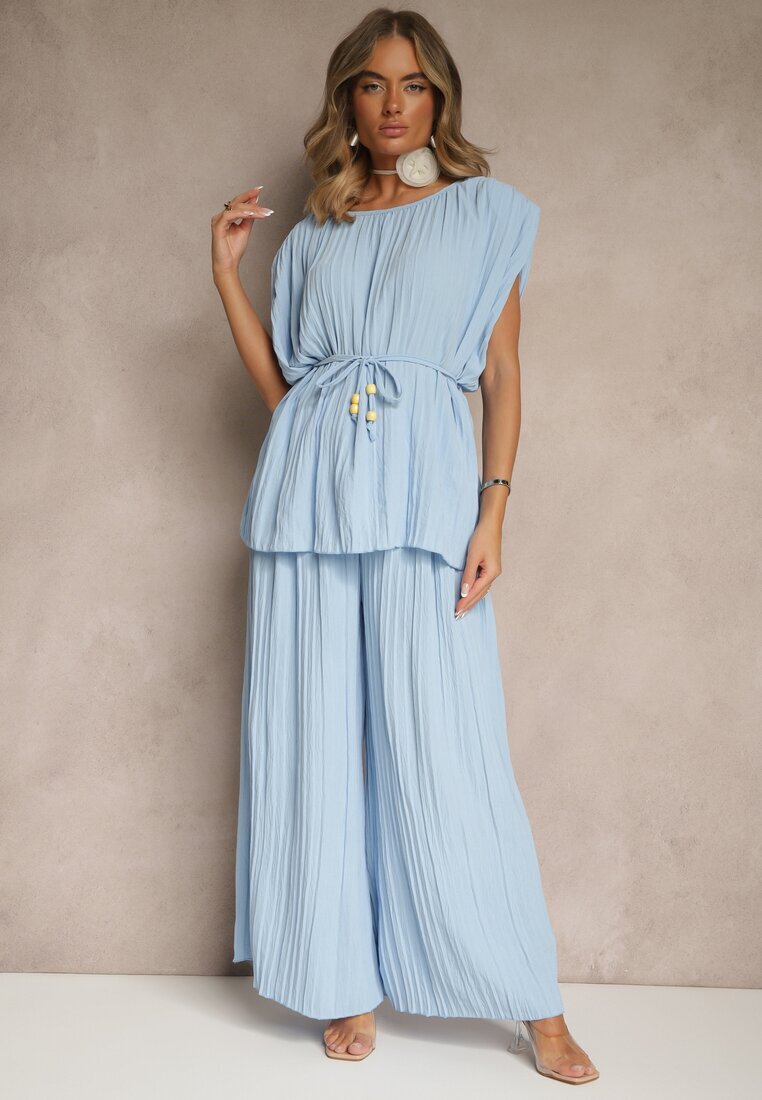 allyson Set Albastru Pantaloni largi și Bluză cu umeri întăriți Nilamira