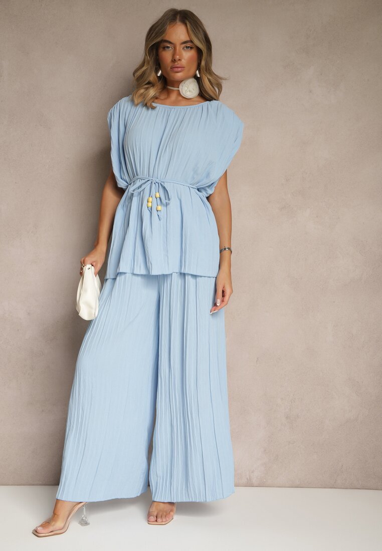 allyson Set Albastru Pantaloni largi și Bluză cu umeri întăriți Nilamira