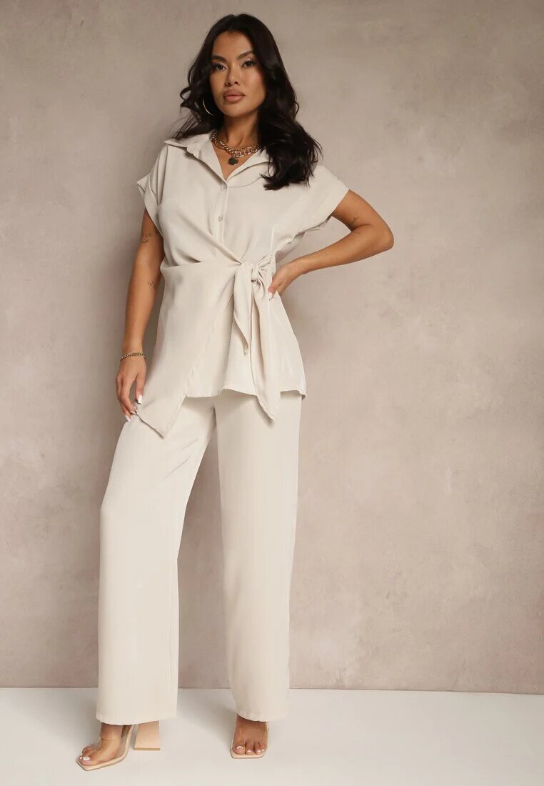 allyson Set Bej cu Pantaloni cu Croială Largă și Cămașă cu Legătură Decorativă Filaniella