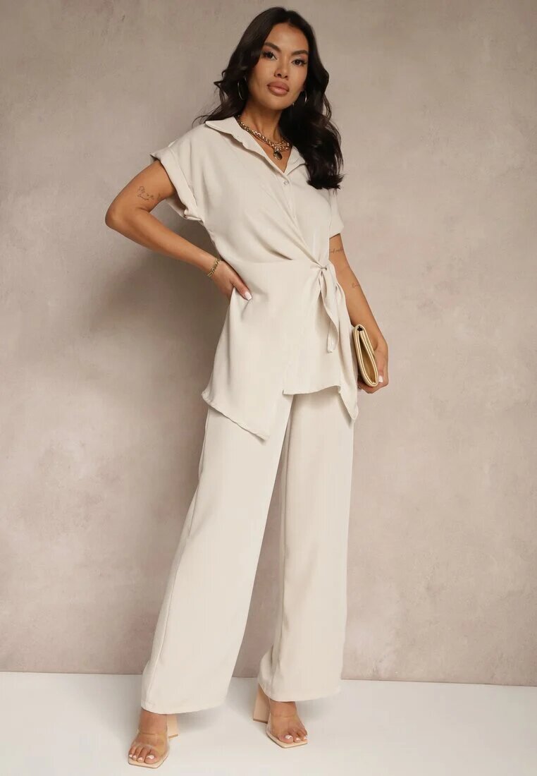 allyson Set Bej cu Pantaloni cu Croială Largă și Cămașă cu Legătură Decorativă Filaniella