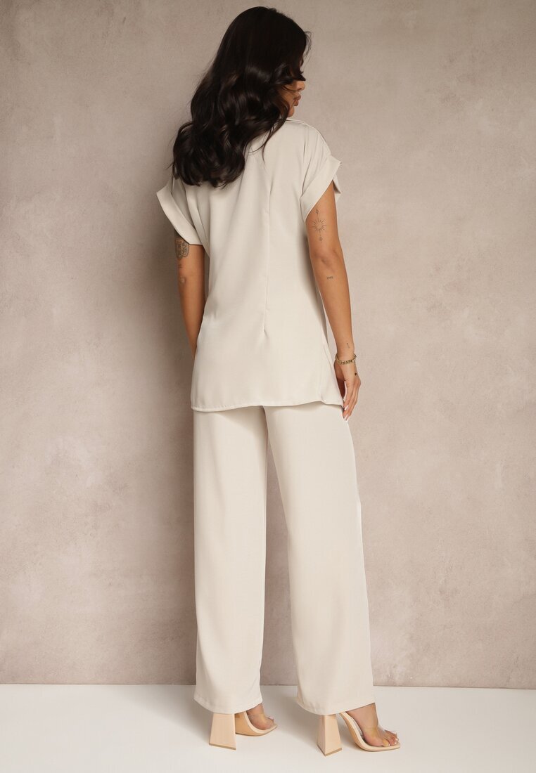 allyson Set Bej cu Pantaloni cu Croială Largă și Cămașă cu Legătură Decorativă Filaniella