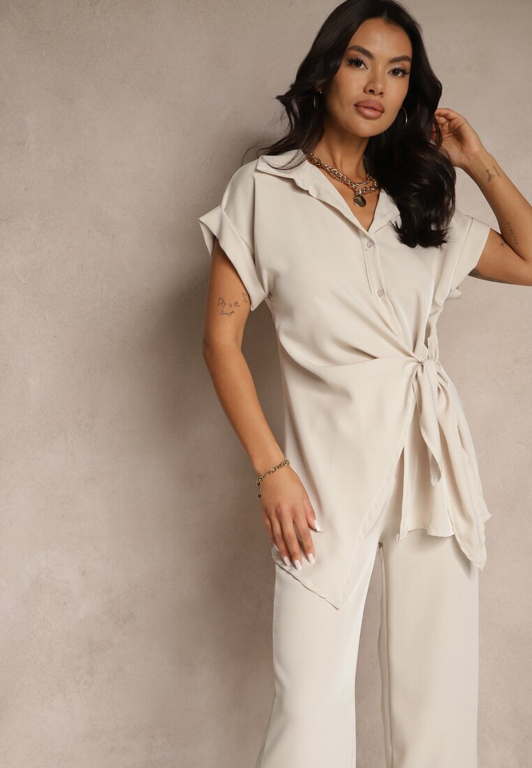 allyson Set Bej cu Pantaloni cu Croială Largă și Cămașă cu Legătură Decorativă Filaniella