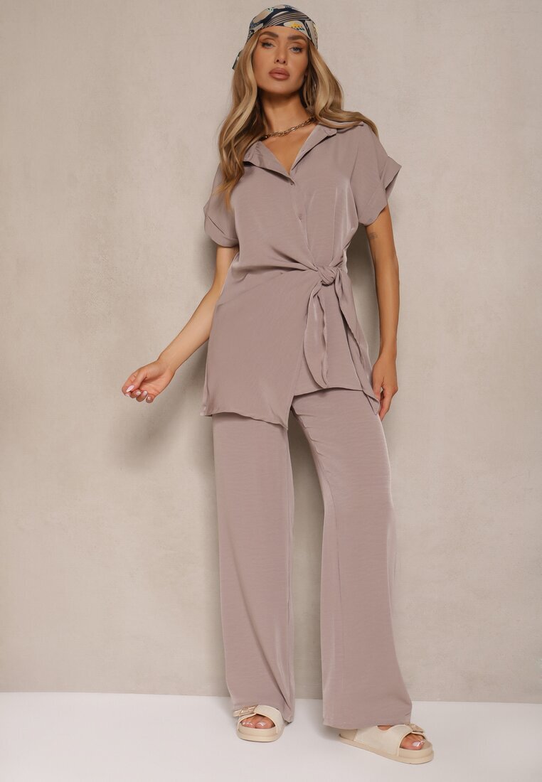 allyson Set Bej închis cu pantaloni cu croială largă și cămașă cu legătură decorativă Filaniella