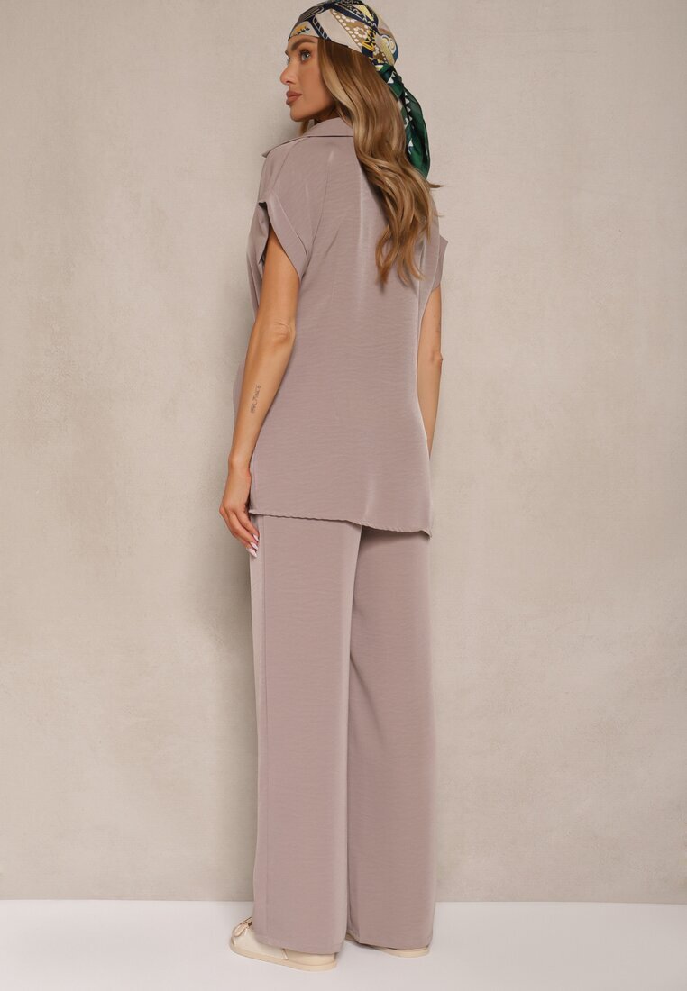 allyson Set Bej închis cu pantaloni cu croială largă și cămașă cu legătură decorativă Filaniella