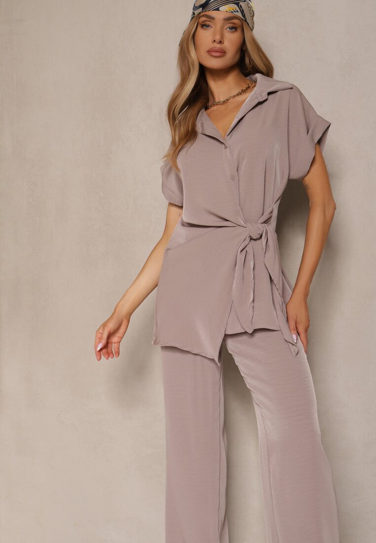 allyson Set Bej închis cu pantaloni cu croială largă și cămașă cu legătură decorativă Filaniella