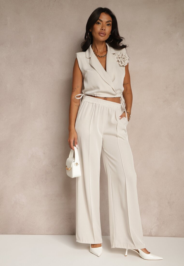 allyson Set Bej Pantaloni cu croială largă și Bluză petrecută cu elastic Reavilora