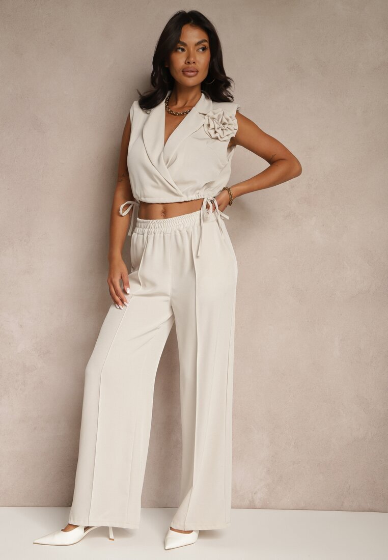 allyson Set Bej Pantaloni cu croială largă și Bluză petrecută cu elastic Reavilora