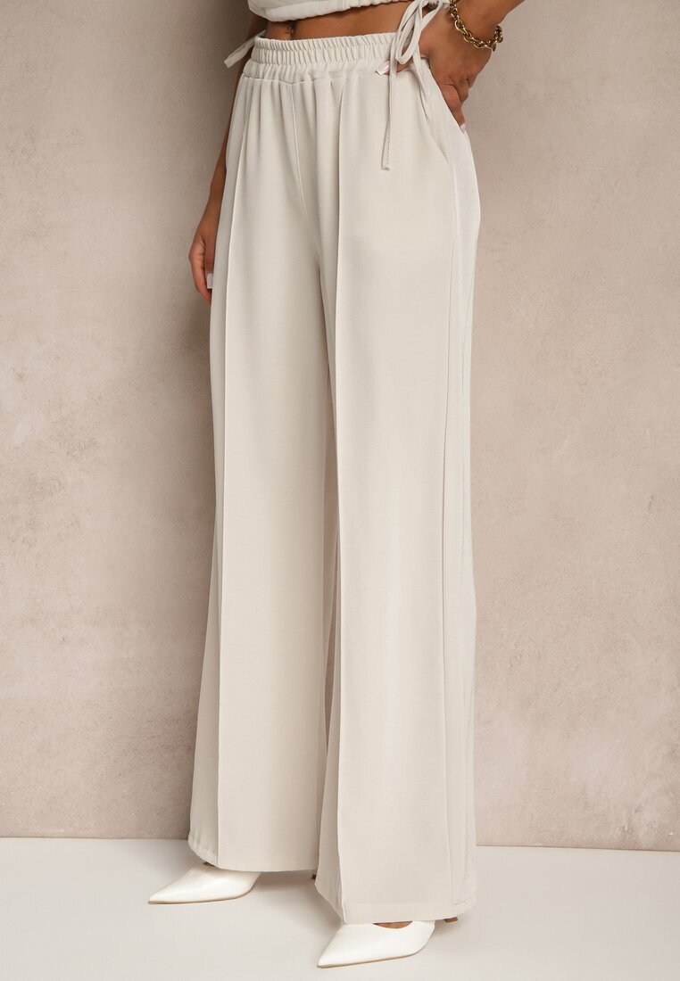allyson Set Bej Pantaloni cu croială largă și Bluză petrecută cu elastic Reavilora