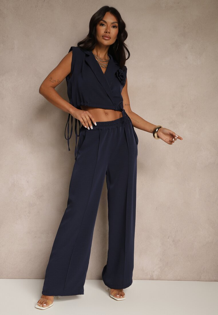 allyson Set bleumarin Pantaloni cu croială largă și Bluză petrecută cu elastic Reavilora