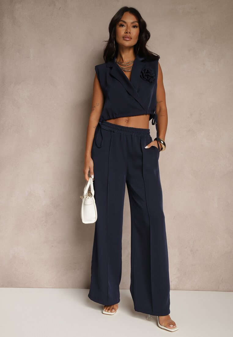 allyson Set bleumarin Pantaloni cu croială largă și Bluză petrecută cu elastic Reavilora