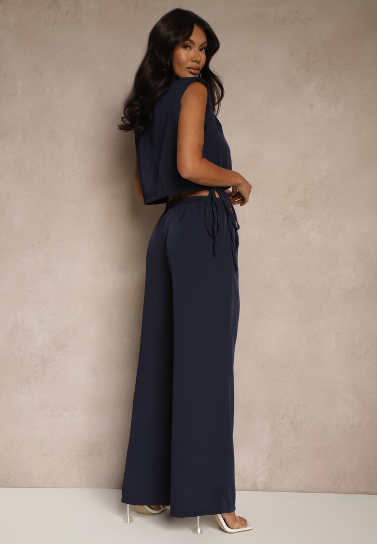 allyson Set bleumarin Pantaloni cu croială largă și Bluză petrecută cu elastic Reavilora