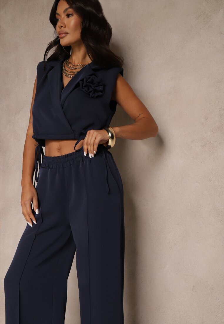allyson Set bleumarin Pantaloni cu croială largă și Bluză petrecută cu elastic Reavilora