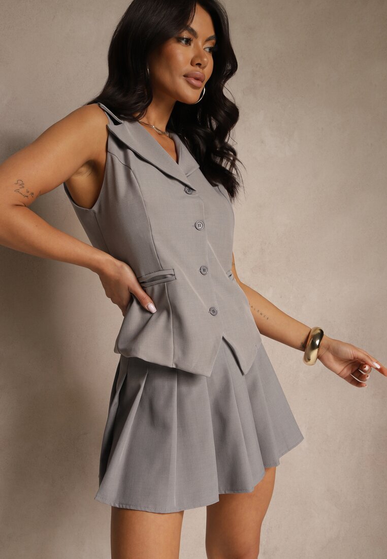 allyson Set Cenușiu Stil costum Vestă și Fustă cu Pliuri Talkio